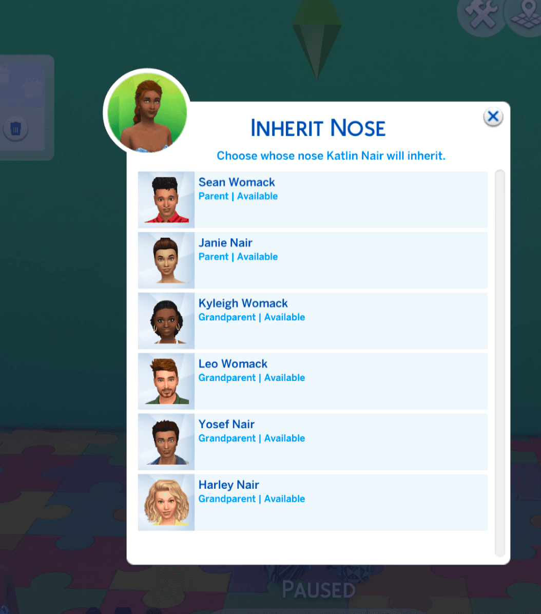 Inherit Nose dialog listing Katlin Nair’s two parents and four grandparents with portraits