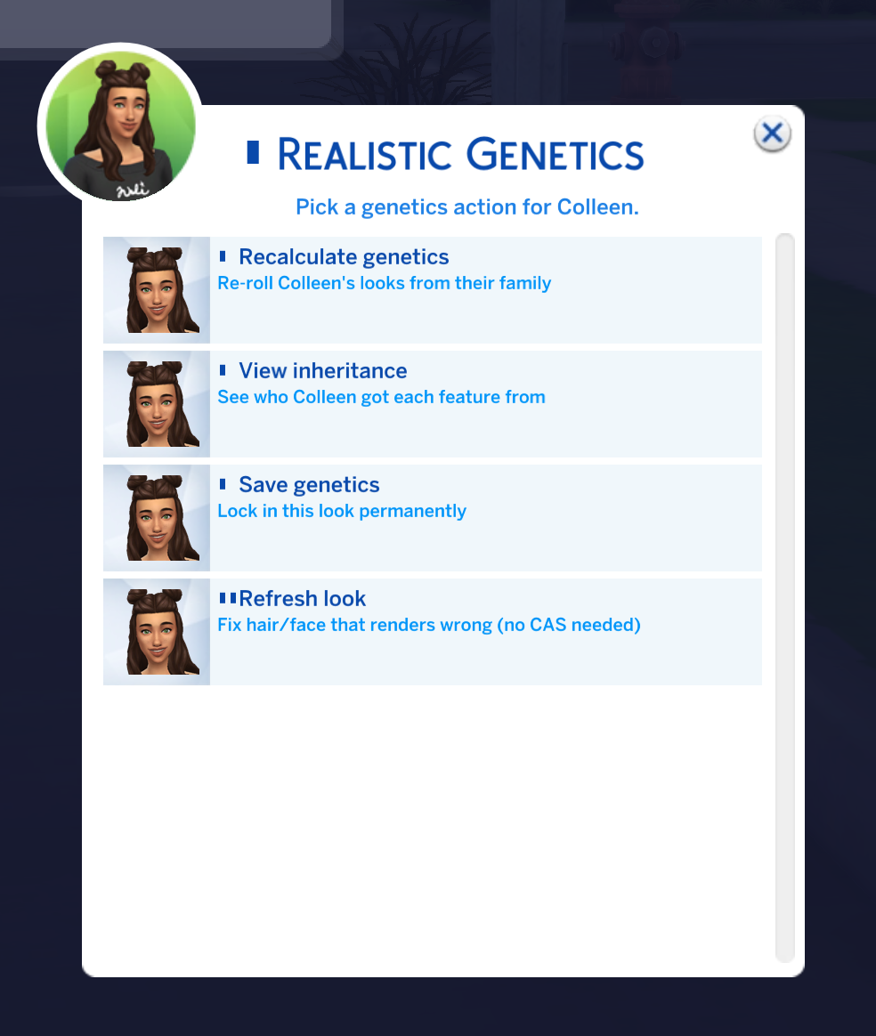 Realistic Genetics in-game menu in The Sims 4 with options to recalculate genetics, view inheritance, save genetics and refresh a Sim's look.