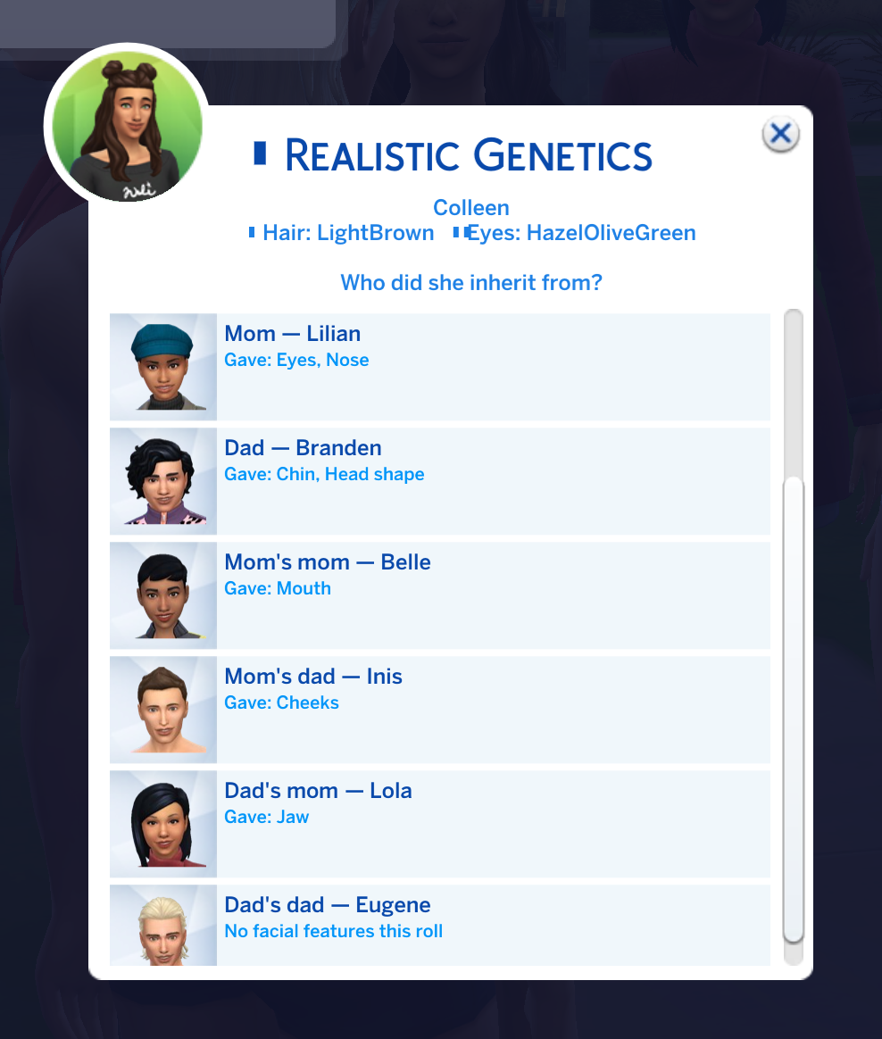Realistic Genetics birth report in The Sims 4 showing which features the baby inherited and which parent or grandparent each came from.
